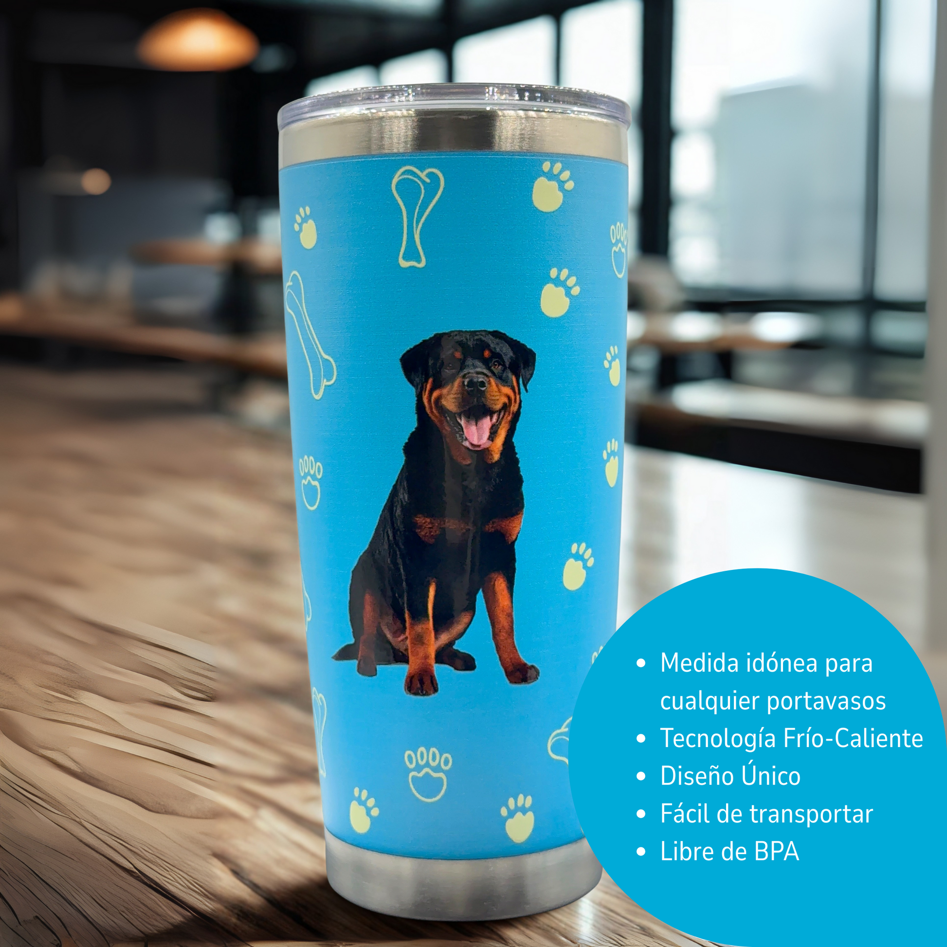 Termo de Acero Inoxidable con Diseño de Perro Rottweiler